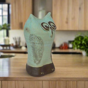 Ceramic owl decor, Pottery matte blue owl figure, Handmade owl sculpture, Home decor, Owl lovers gift, A symbol  of wisdom, Green pottery