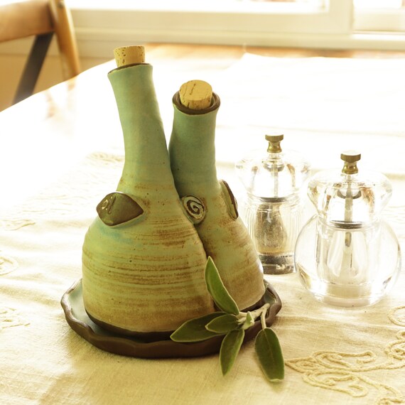 Oil And Vinegar Set On A Tray Ceramic Oil Bottle Set Of Two Etsy