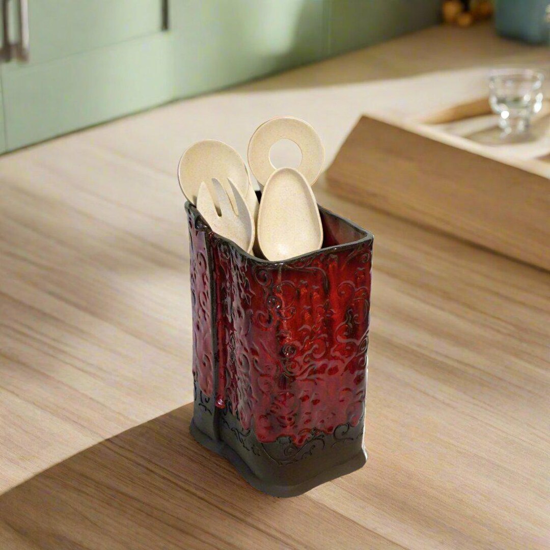 Red Utensil Holder, Ceramic Utensil Crock, Square Shape , Large Kitchen ...
