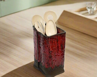 Handmade Red Ceramic Utensil Holder: Israeli Pottery Kitchen Organizer