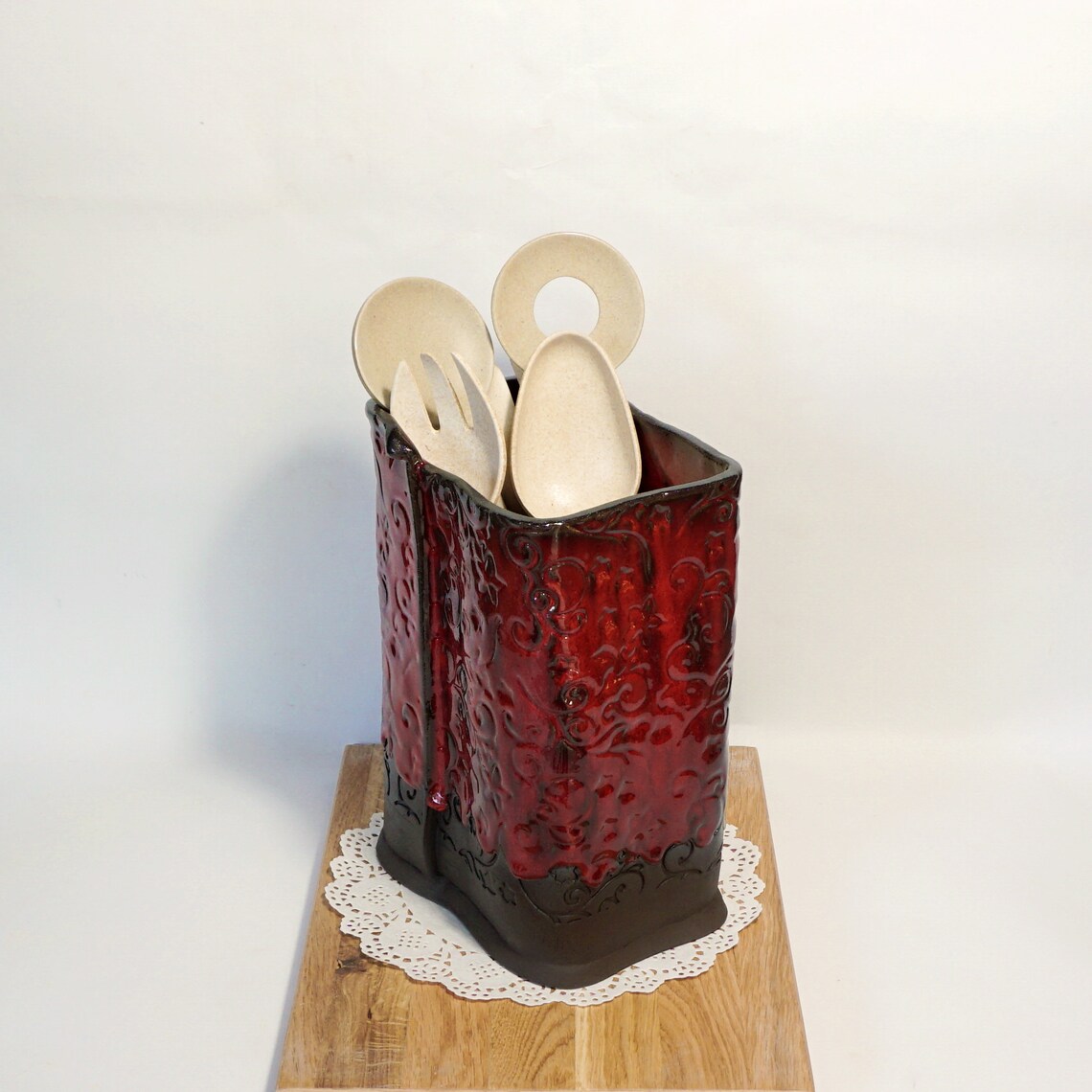 Red Utensil Holder Ceramic Utensil Crock Square shape Etsy