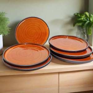 6 orange 8.25&quot; plates, Dinner plates, Handmade ceramic, Pottery dishes, Handcraft dinner set, Cake & food plates, Wedding Pottery Plate set