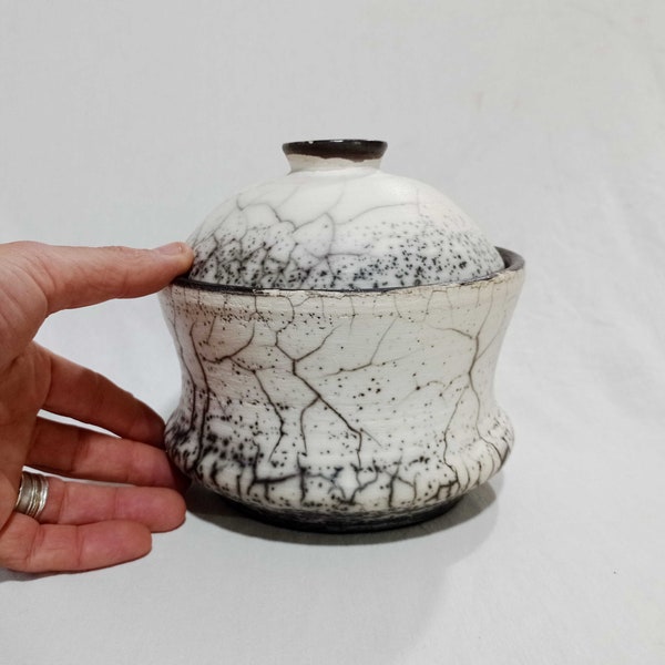 Naked Raku urn Vase, 6.75 " Tall, Raku Pottery, White, Black, Wheel Thrown urn, Hand Thrown, Smoke Fired, Urn jar, Naked raku jar,