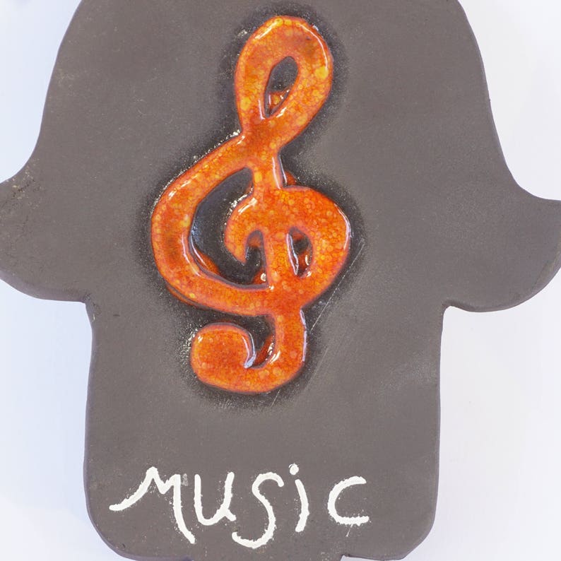 Good luck symbol Housewarming gift black ceramic Ceramic hand of Fatima Music art Jewish decor, Hamsa wall art decor