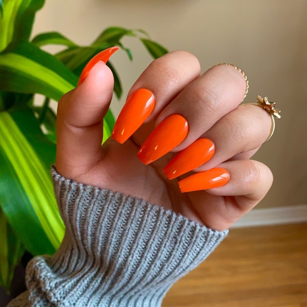 Orange Press on Nails Medium Coffin Glossy or Matte Hand Painted | Long Short Almond Square Stiletto | Press on Nails Canada  |