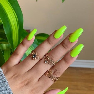 Neon Green Painted Matte Glossy Press on Nails | Long Medium Short | Almond Square Coffin Stiletto | Basic Colour Nails