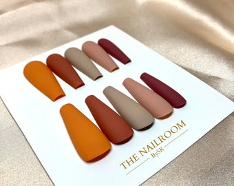 Burnt Orange Press on Nails Short | Matte or Glossy Multicoloured Painted Nails | Almond Square Coffin Stiletto Nails | Long Medium Short