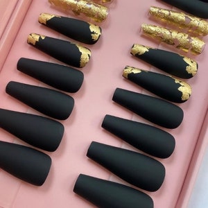 Black Press on Nails/ Luxury Press on Nails/ Custom Press on Nails/ Gold Flakes Nails/ Short Press On/ Black Nails Matte/ Black Coffin Nails