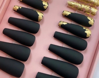 Black Press on Nails/ Luxury Press on Nails/ Custom Press on Nails/ Gold Flakes Nails/ Short Press On/ Black Nails Matte/ Black Coffin Nails