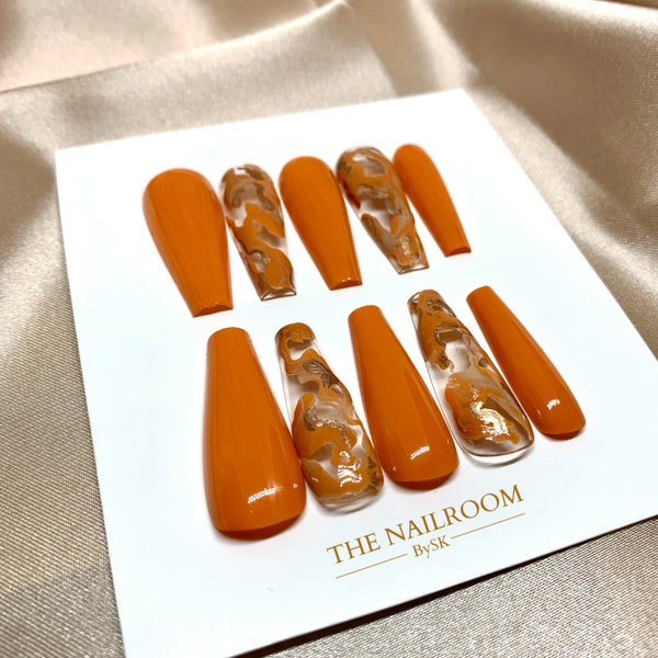 Orange Swirl Press On Nails/ Pumpkin  Nails/ Fall Nails/ Custom Press on Nails/ Coffin Nails/ Luxury Press On Nails/ Orange Marble Nails