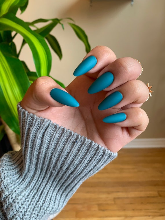 Teal Press on Nails Short Painted Matte or Glossy Fake Nails