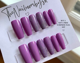 Purple Press on Nails, Violet Glittery Nails, Hand Painted False Nails, Coffin Stiletto Almond Round Square Press on Nails Canada