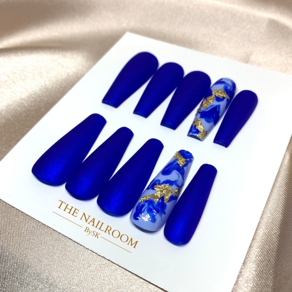 Classic Royal Blue Press on Nails/ Custom Press on Nails/ Marble Nails/ Autumn Nails/ Luxury Press on Nails/ Press on Nails Canada