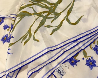 100% Silk Scarf // Richard Allan // Made in Italy // Square Scarf // Floral Pattern // Ivory, Blue, Green, Yellow // 28x28in