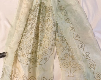 100% Silk Scarf // Mulberry Silk // Long Scarf // Pale green, cream, gold // multi pattern // 54x17 in