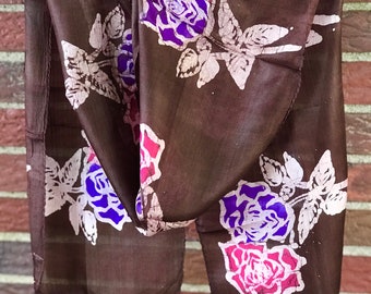 100% Silk Scarf // Purple, Brown, Pink floral // Made in India // 66in x 9in // Hand Rolled Long Silk Scarf