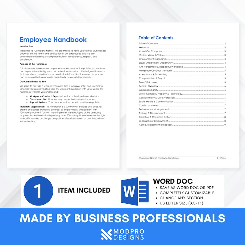 Employee Handbook Template for Small Business | Editable HR Policy ...