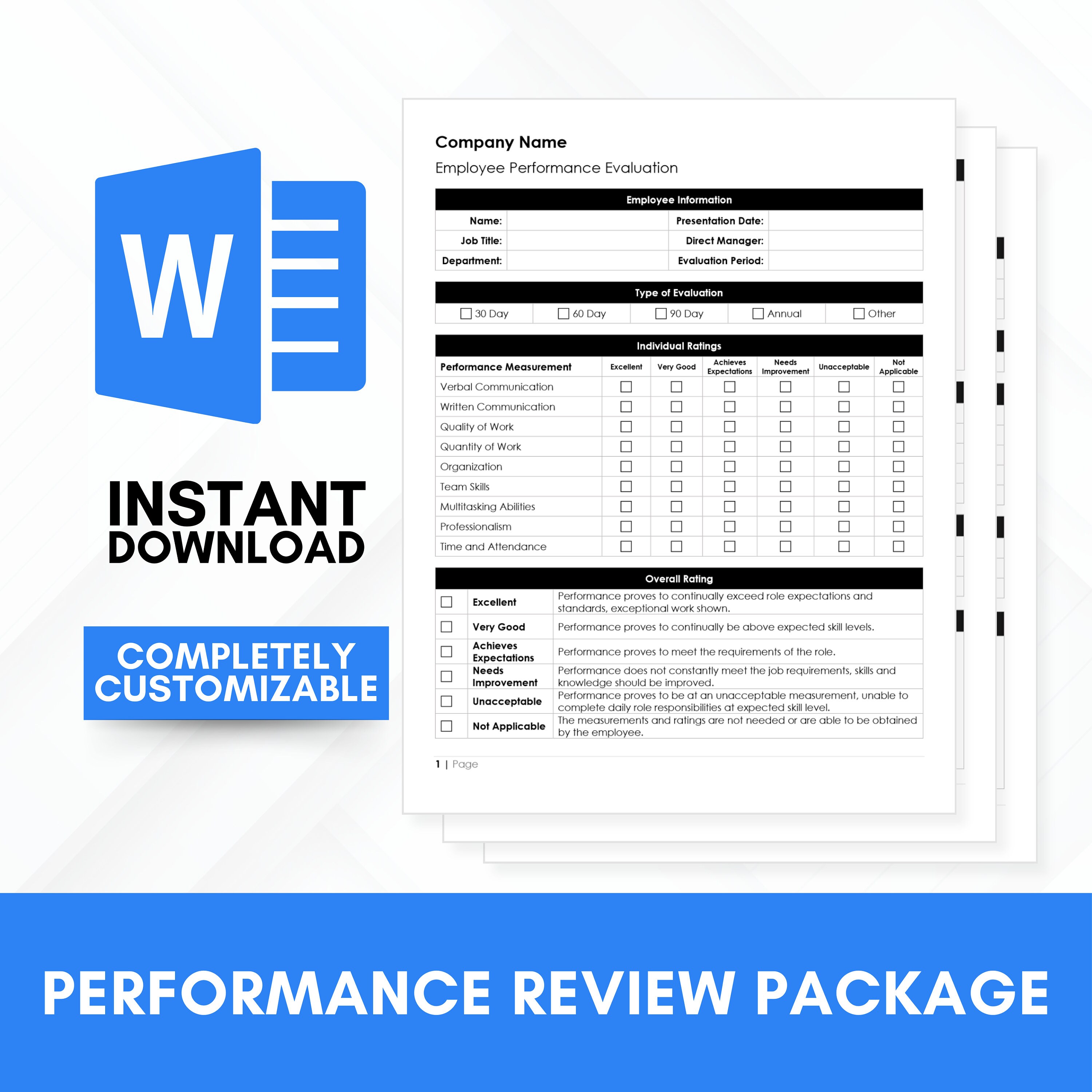 Employee Performance Evaluation & Salary Review Templates/MS Word (HR Form Office, Microsoft Word, Professional Performance Review, Manager)