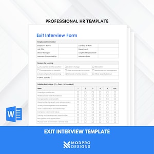 May include: A white Exit Interview Form template with the text "PROFESSIONAL HR TEMPLATE" at the top. The form includes sections for employee information, reasons for leaving, and satisfaction ratings. A blue "W" logo is in the bottom left corner.