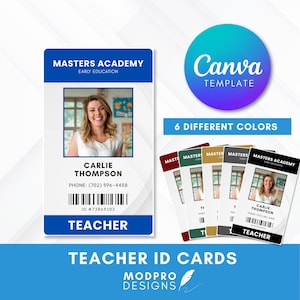 Puede incluir: Plantilla de tarjeta de identificación de profesor con foto, nombre y código de barras. El diseño incluye el texto "Masters Academy Early Education" y "Teacher". La imagen también muestra una plantilla de Canva y el texto "6 colores diferentes".