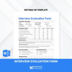 Puede incluir: Una plantilla de RRHH editable titulada "Formulario de Evaluación de Entrevista" con secciones para información del candidato, criterios de evaluación y decisiones finales de contratación. El formulario incluye casillas de verificación y campos de texto.