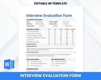 Modèle de formulaire d'évaluation d'entretien | Fiche d'évaluation d'embauche | Formulaire de notation pour l'entretien d'embauche | Outil de recrutement RH | Revue d'entretien modifiable