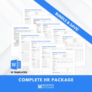 Puede incluir: Un conjunto de 10 plantillas de RRHH, que incluyen un manual del empleado, formularios de evaluación del desempeño y revisión salarial. La imagen presenta una pancarta azul que dice "BUNDLE & SAVE!" y "COMPLETE HR PACKAGE."