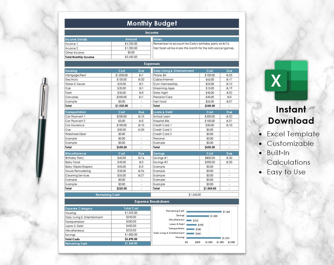 Minimalistms Excel Budget Template Spreadsheet Etsy