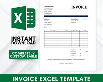 May include: A white invoice template with a blue header and a green Excel logo. The text includes "Invoice," "Instant Download," and "Completely Customizable." The bottom banner reads "Invoice Excel Template."