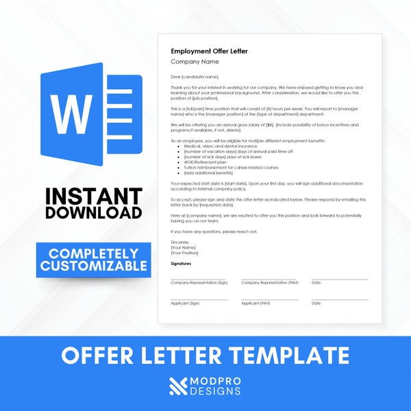 Employee Offer Letter Template (Employment HR Form Legal Forms Human Resources Job Offer Word Document Custom Document Professional Work)