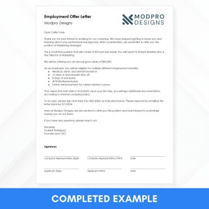 Puede incluir: Una carta formal de oferta de empleo de Modpro Designs para el puesto de Gerente de Marketing. La carta incluye detalles sobre el salario, los beneficios, la fecha de inicio y la informaci&oacute;n de contacto de la empresa.