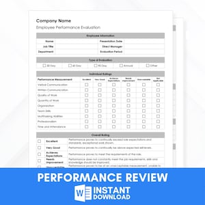 Puede incluir: Formulario de evaluación del desempeño de los empleados en blanco y negro con casillas de verificación para calificar diferentes aspectos del desempeño, como la comunicación verbal, la calidad del trabajo y el profesionalismo. El formulario incluye secciones para la información del empleado, el tipo de evaluación, las calificaciones individuales y la calificación general.