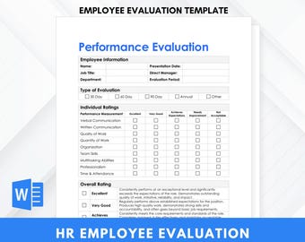 Formulaire d'évaluation du rendement des employés | Modèle d'évaluation des RH | Document d'évaluation du personnel | Fichier Word modifiable pour les managers et les équipes