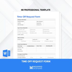 Time Off Request Form | PTO Request Template | Employee Leave Request | Vacation Request Form | Editable Word | Instant Download