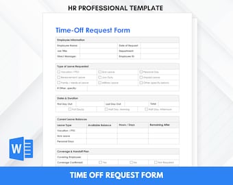 Formulaire de demande de congé | Modèle de demande de prise de force | Demande de congé d'un employé | Formulaire de demande de vacances | Word modifiable | Téléchargement instantané