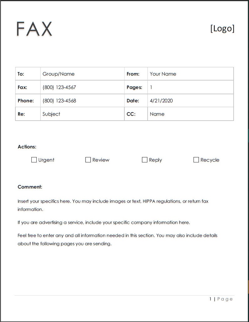 MS Wordfax Cover Sheet Template Etsy
