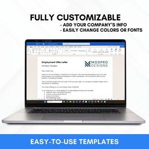 Puede incluir: Una pantalla de computadora port&aacute;til que muestra una plantilla de carta de oferta de empleo personalizable. La plantilla incluye un logotipo de empresa, un encabezado y una secci&oacute;n para el nombre del empleado, el puesto de trabajo y el salario. La plantilla tambi&eacute;n incluye una secci&oacute;n para los beneficios, como el seguro de salud, el tiempo libre pagado y el plan de jubilaci&oacute;n.