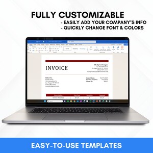 以下が含まれることがあります： カスタマイズ可能な請求書テンプレートを含むMicrosoft Wordドキュメントが表示されたラップトップのスクリーンショット。テンプレートは赤と白の配色で、請求情報、請求書番号、顧客IDのフィールドが含まれています。画像の上部には「FULLY CUSTOMIZABLE」というテキストが表示されています。