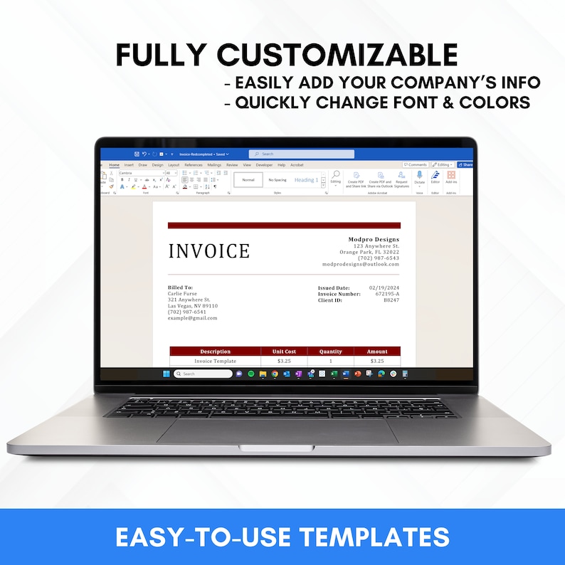 以下が含まれることがあります： カスタマイズ可能な請求書テンプレートを含むMicrosoft Wordドキュメントが表示されたラップトップのスクリーンショット。テンプレートは赤と白の配色で、請求情報、請求書番号、顧客IDのフィールドが含まれています。画像の上部には「FULLY CUSTOMIZABLE」というテキストが表示されています。