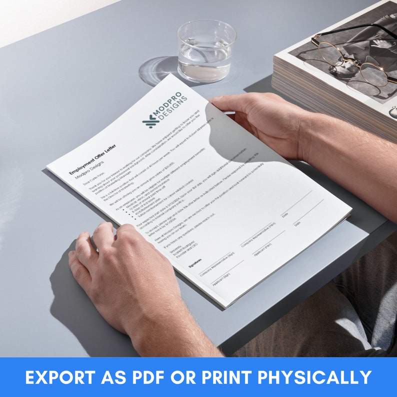 Puede incluir: Una carta de oferta de empleo blanca con el logotipo de la empresa "MODPRO DESIGNS" en la parte superior. La carta est&aacute; siendo sostenida por las manos de una persona. El texto de la carta dice "Employment Offer Letter" y "Modpro Designs".