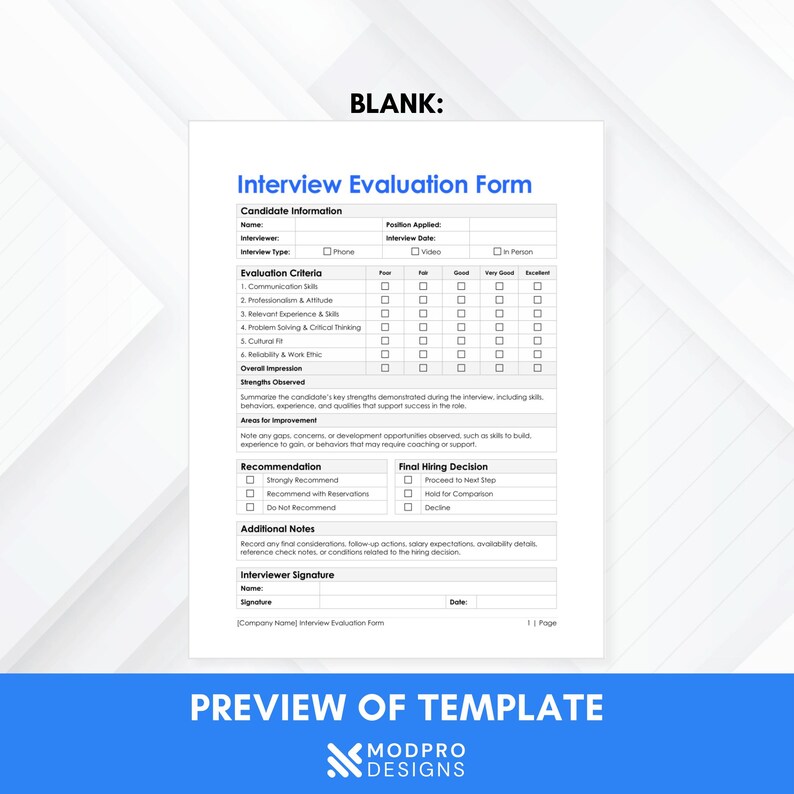 Interview Signature Paper Interview Evaluation Form Template | Hiring Assessment Sheet ...