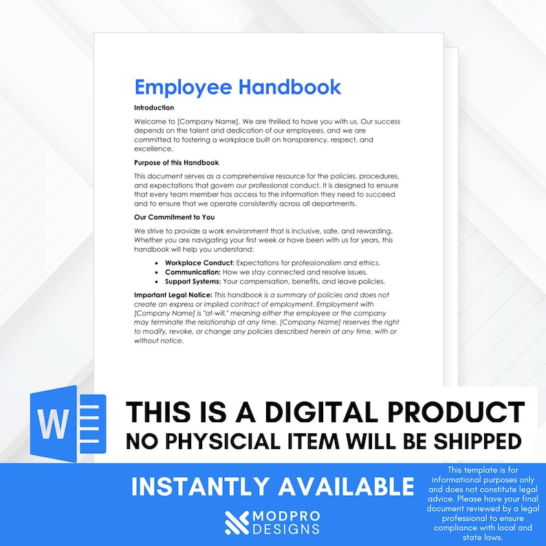 Employee Handbook Template for Small Business | Editable HR Policy ...