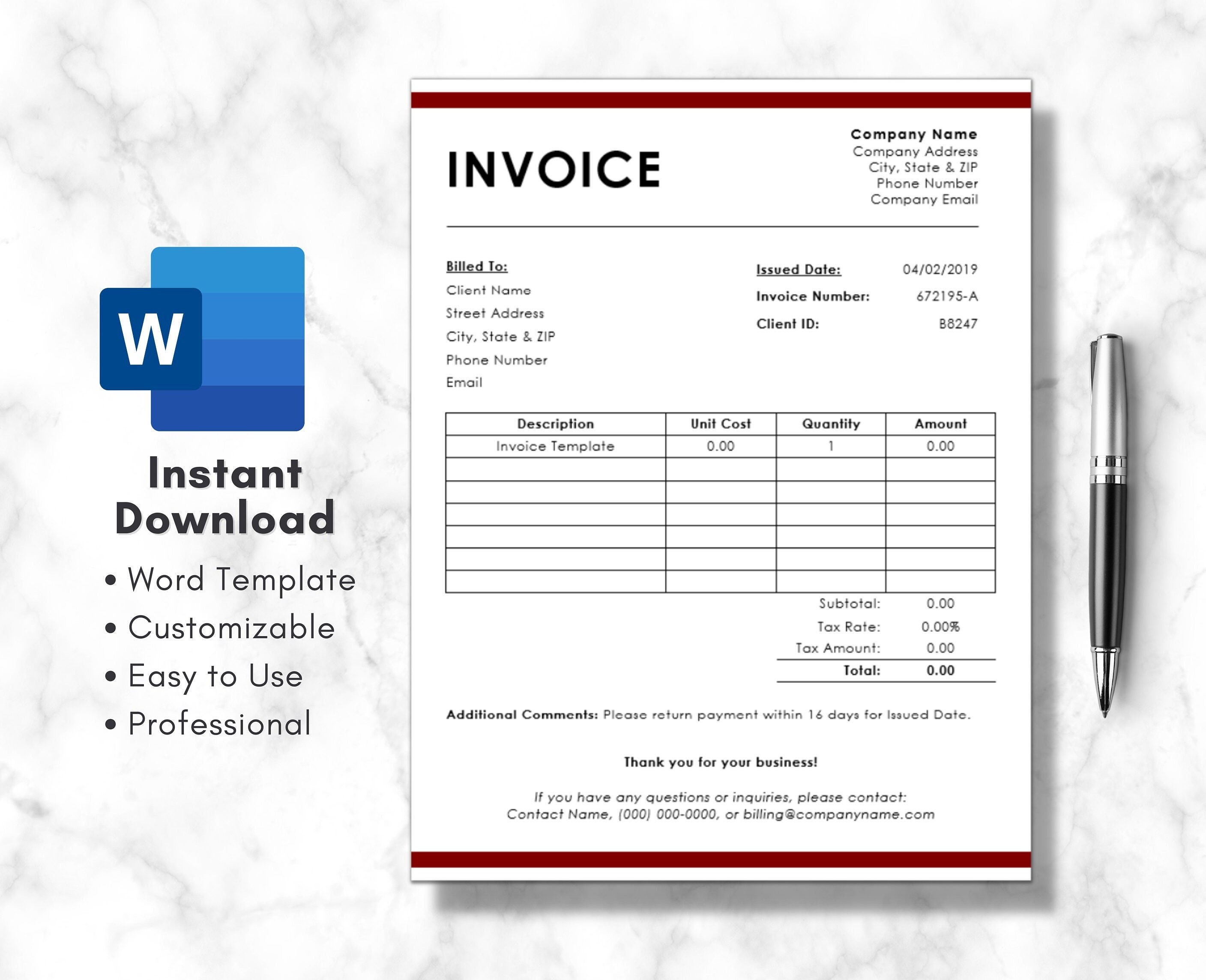 MS Word-invoice Template - Etsy