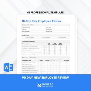 Könnte beinhalten: Eine weiße Vorlage für die 90-Tage-Mitarbeiterbeurteilung mit einem blauen Banner am unteren Rand. Das Dokument enthält Abschnitte für Mitarbeiterinformationen, Überprüfungszeiträume, Onboarding und Leistungsbereiche. Der Text "HR PROFESSIONAL TEMPLATE" steht oben.
