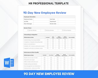 Plantilla de evaluación de desempeño para nuevos empleados (90 días) / Evaluación de 30, 60 y 90 días / Formulario de evaluación de período de prueba / Editable en MS Word / Descarga instantánea