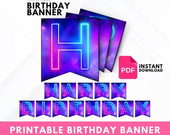Bannière joyeux anniversaire imprimable en téléchargement numérique, modèle Galaxy PDF, jeu de démons pour petits enfants, bricolage facile, K-POP, Kpop, chasseurs à domicile, lumière coréenne