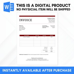 以下が含まれることがあります： 赤と白のインボイステンプレートで、赤い枠の中に「INVOICE」というテキストがあります。テンプレートには、請求情報、説明、単価、数量、金額、小計、税率、税額、合計のフィールドが含まれています。テンプレートには、追加のコメントと感謝のメッセージのためのセクションも含まれています。