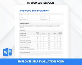 Formulaire d'auto-évaluation de l'employé | Modèle d'auto-évaluation | Évaluation des performances des RH | MS Word modifiable | Téléchargement instantané