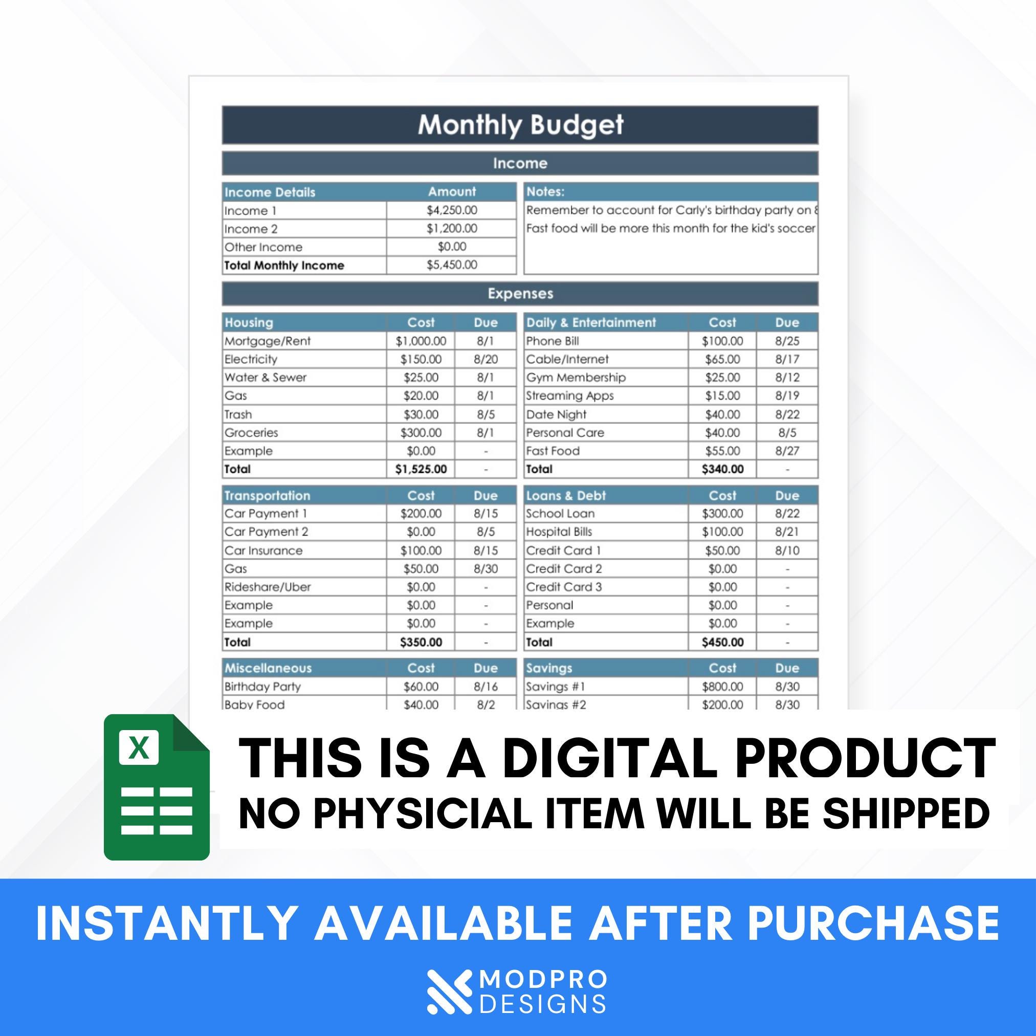 Minimalist-ms Excel Budget Template Spreadsheet - Etsy