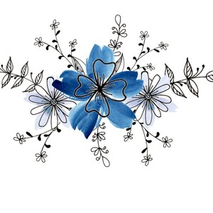 Fiore blu con foglie di scarabocchio, clip art digitale download trasparente. Disegnato a mano per cancelleria, appunti o persino un adesivo!